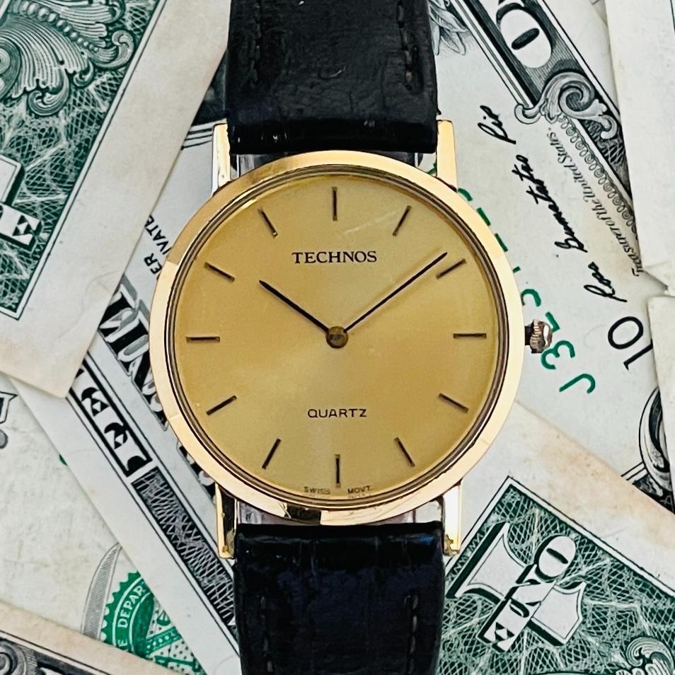 1 иен старт наручные часы мужской батарейка заменена Tecnos TECHNOS кварц Quartz аналог б/у античный 31mm Vintage мужчина Gold золотой Швейцария производства U400