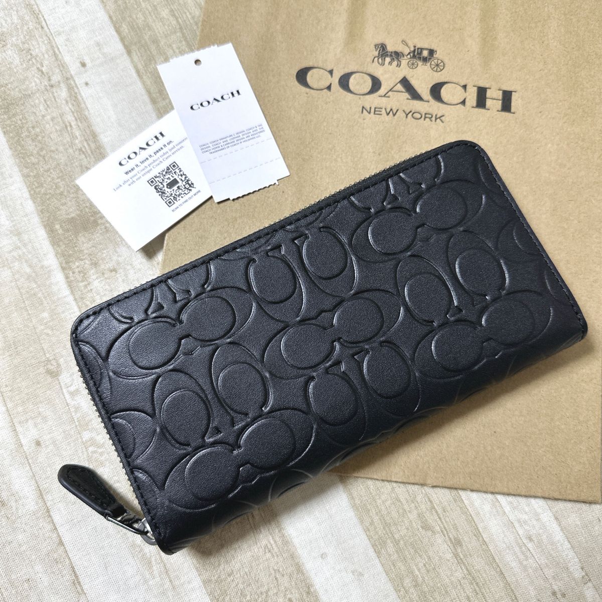 新品未使用 コーチ ブラック 型押し ロゴ シグネチャー メンズ レザー 長財布 COACH 財布 黒