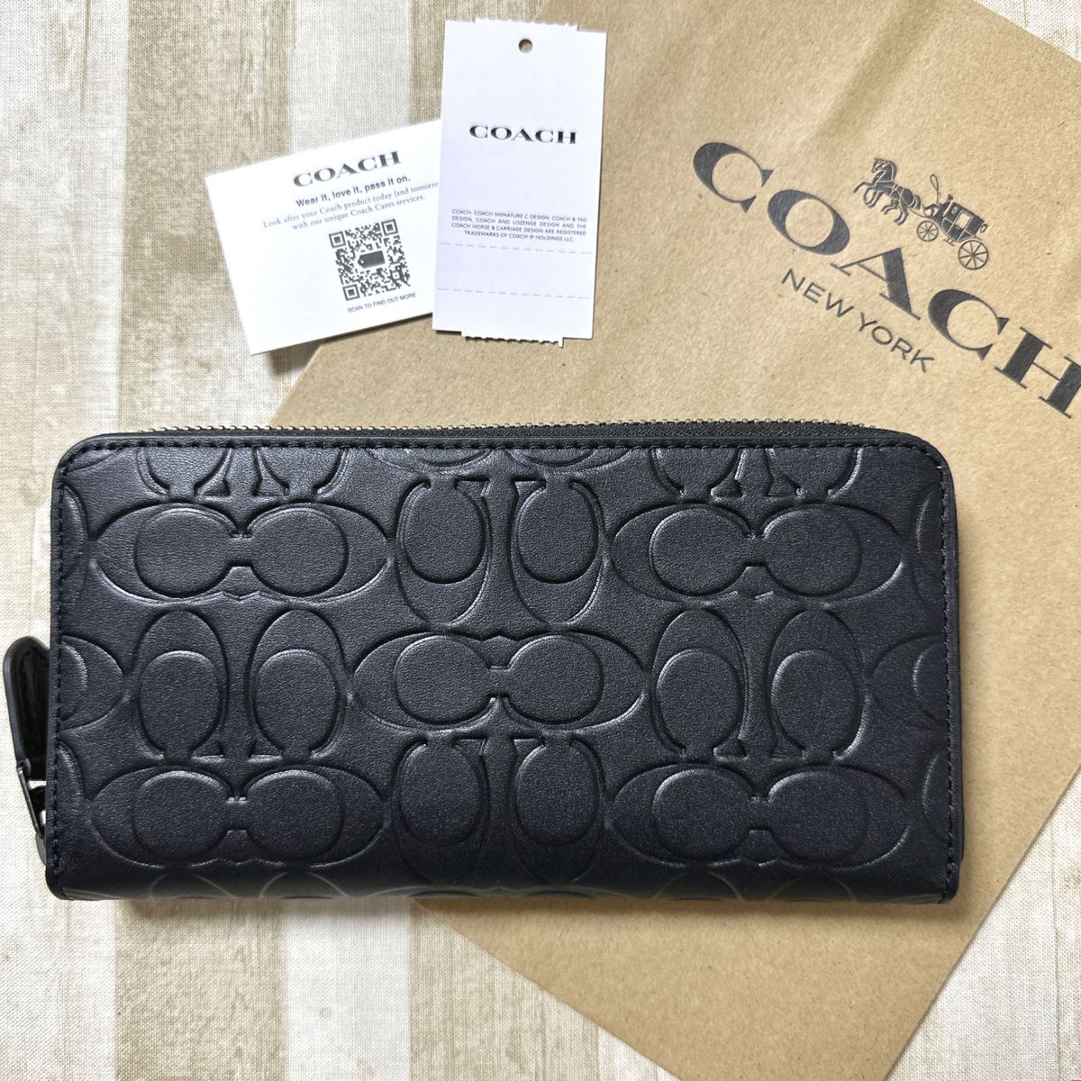 新品未使用 コーチ ブラック 型押し ロゴ シグネチャー メンズ レザー 長財布 COACH 財布 黒