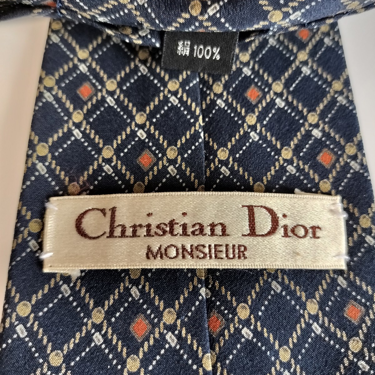 Christian Dior(クリスチャンディオール)紺チェックワンポイントロゴネクタイ_画像1