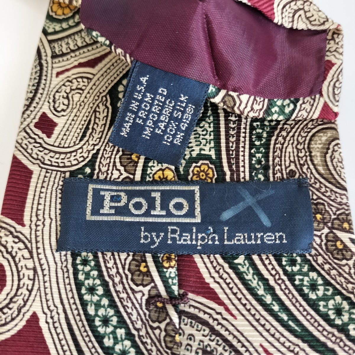 POLO by RALPH LAUREN（ ポロバイラルフローレン）ワインレッド緑ペイズリーネクタイ_画像1