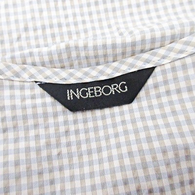 インゲボルグ INGEBORG 美品 ピコフリル ノーカラー ブラウス シャツ 半袖 ギンガムチェック シルク混 リボン 緑 サックスブルー M 1201 レ_画像9