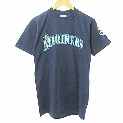 未使用品 マジェスティック MAJESTIC タグ付き Tシャツ カットソー 半袖 マリナーズ イチロー 51 ロゴ プリント ネイビー 紺 S 1222 ■GY09_画像1