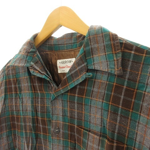 ARROW アロー Hunter Checks 60s ヴィンテージ チェック オープンカラーシャツ 長袖 カナダ製 グレー × 緑 × 茶 L メンズ_画像4