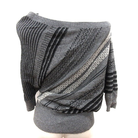  Fragile FRAGILE knitted sweater one shoulder deformation design stripe total pattern Anne gola.do Le Mans sleeve 7 minute sleeve 38 gray 