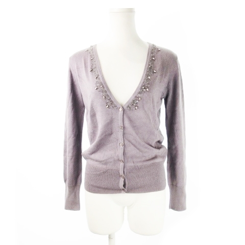  Ined INED cardigan knitted deep V neck long sleeve Anne gola. soft beads biju- embroidery 9 sombreness purple purple /CK12 * lady's 