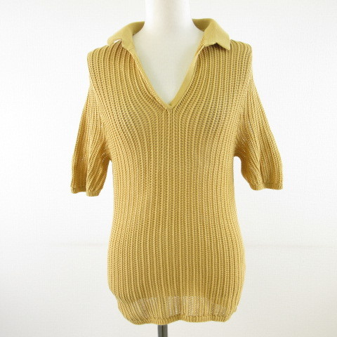 ユニクロ UNIQLO LEMAIRE ニット セーター 五分袖 透かし編み からし色 黄 M *T821 レディース_画像1