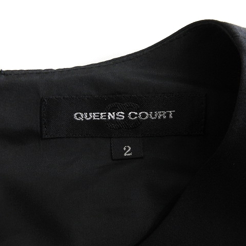  Queens Court QUEENS COURT One-piece French sleeve knee height flair ribbon frill embroidery floral print black black 2 M rank lady's 