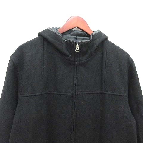  L ELLE long coat Zip up total lining hood wool M black black /YK #MO men's 
