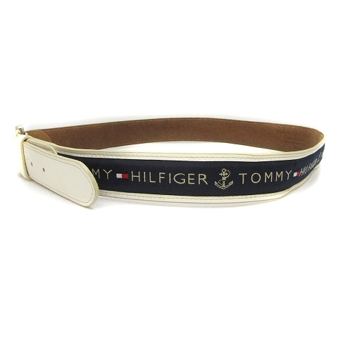 トミーヒルフィガー TOMMY HILFIGER ベルト ハトメバックル ロゴ刺繍 レザー 白 ホワイト 紺 ネイビー メンズの画像2