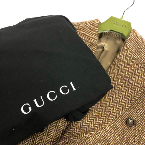  не использовался товар Gucci GUCCI 22AW 644450 ZAFUT шерсть "в елочку" двойной breast пальто шерсть длинный длина длинный рукав 44 чай Brown мужской 