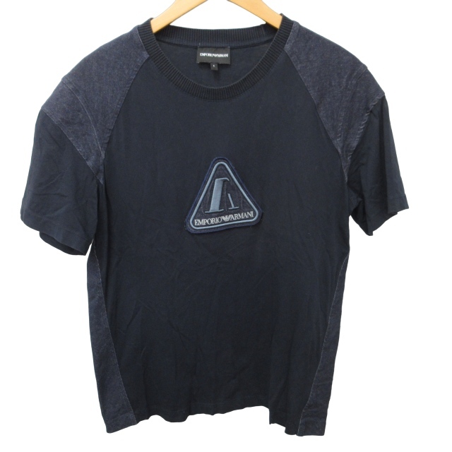 エンポリオアルマーニ EMPORIO ARMANI Tシャツ カットソー デニム切替 3L1T8R ロゴワッペン 半袖 紺 ネイビー S 1217 AL12 メンズ_画像1