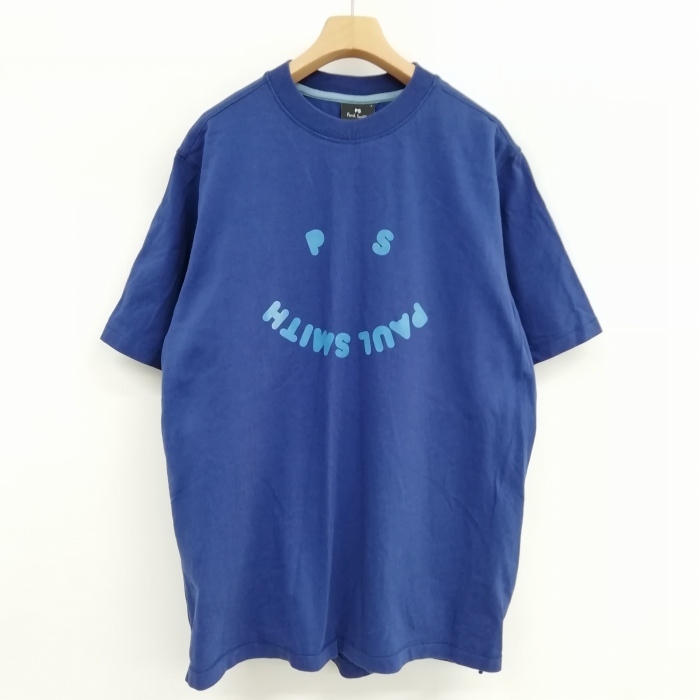 ピーエスポールスミス PS Paul Smith スマイル ロゴ フロッキープリント Tシャツ カットソー トップス 半袖 L ブルー メンズ_画像1