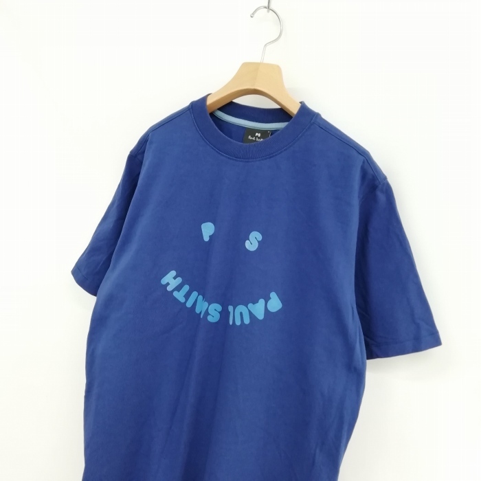 ピーエスポールスミス PS Paul Smith スマイル ロゴ フロッキープリント Tシャツ カットソー トップス 半袖 L ブルー メンズ_画像2