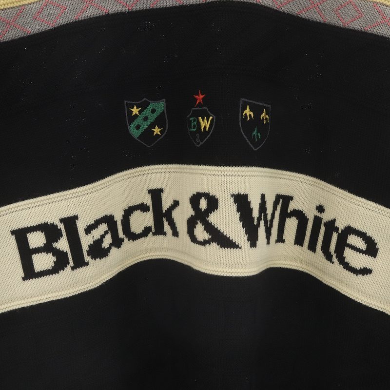 BLACK&WHITE SPORTSWEAR ゴルフウェア ニット セーター クルーネック 長袖 ロゴ 柄 ウール M 黒 アイボリー マルチカラー /SI6_画像4