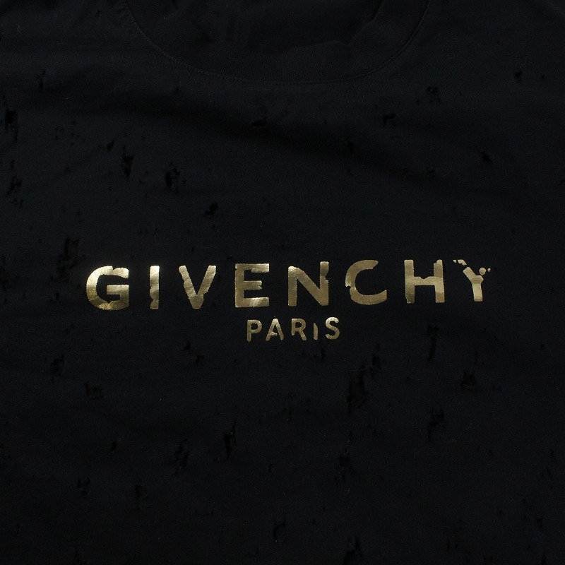 ジバンシィ GIVENCHY 20SS Tシャツ カットソー ゴールドカラー ロゴ 半袖 ダメージ加工 クルーネック XS 黒 ブラック BW700D3Z3F_画像7