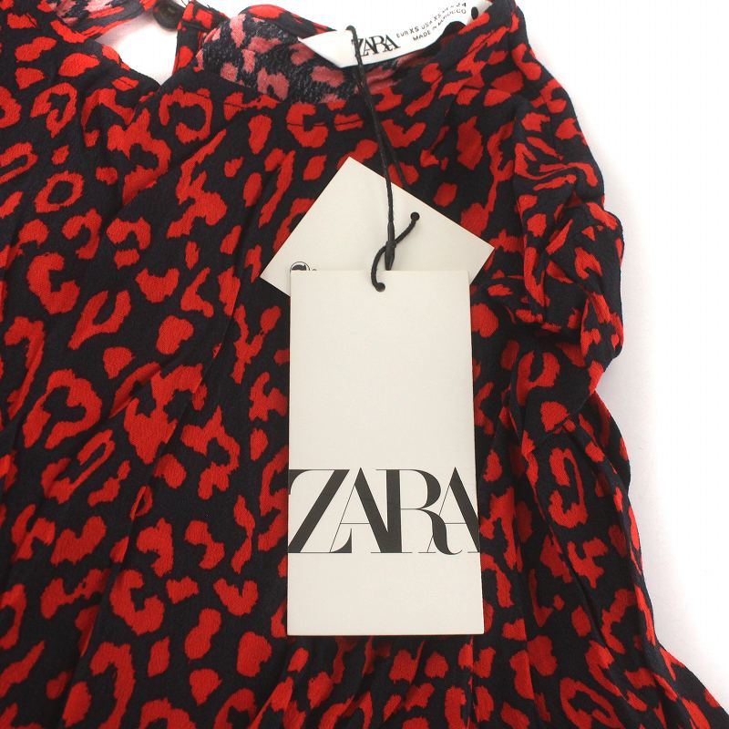 未使用品 ザラ ZARA ワンピース ギャザー 長袖 ヒョウ柄 レオパード 七分袖 マキシロング XS 赤 レッド 黒 ブラック /AQ レディース_画像9