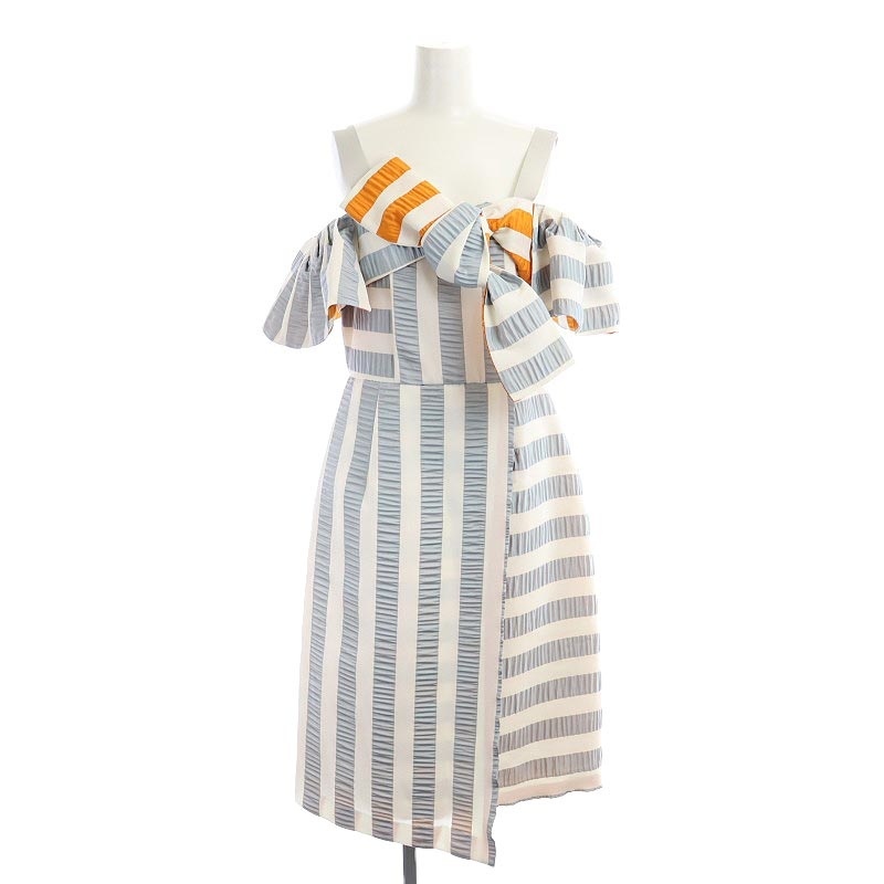  Chesty Chesty stripe off shoru One-piece LAP style mi leak height long ribbon 1 white white blue gray /HS #OS lady's 