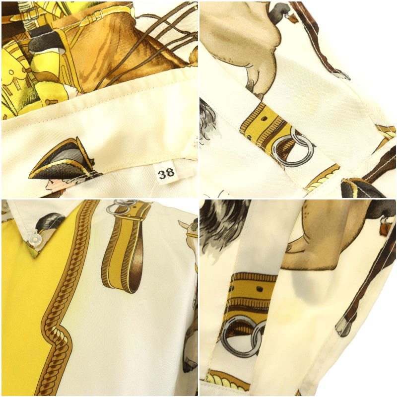  Hermes HERMES сорочка длинный рукав BD шарф лошадь шелк шелк 38 S белый белый желтый желтый /AN9 мужской 