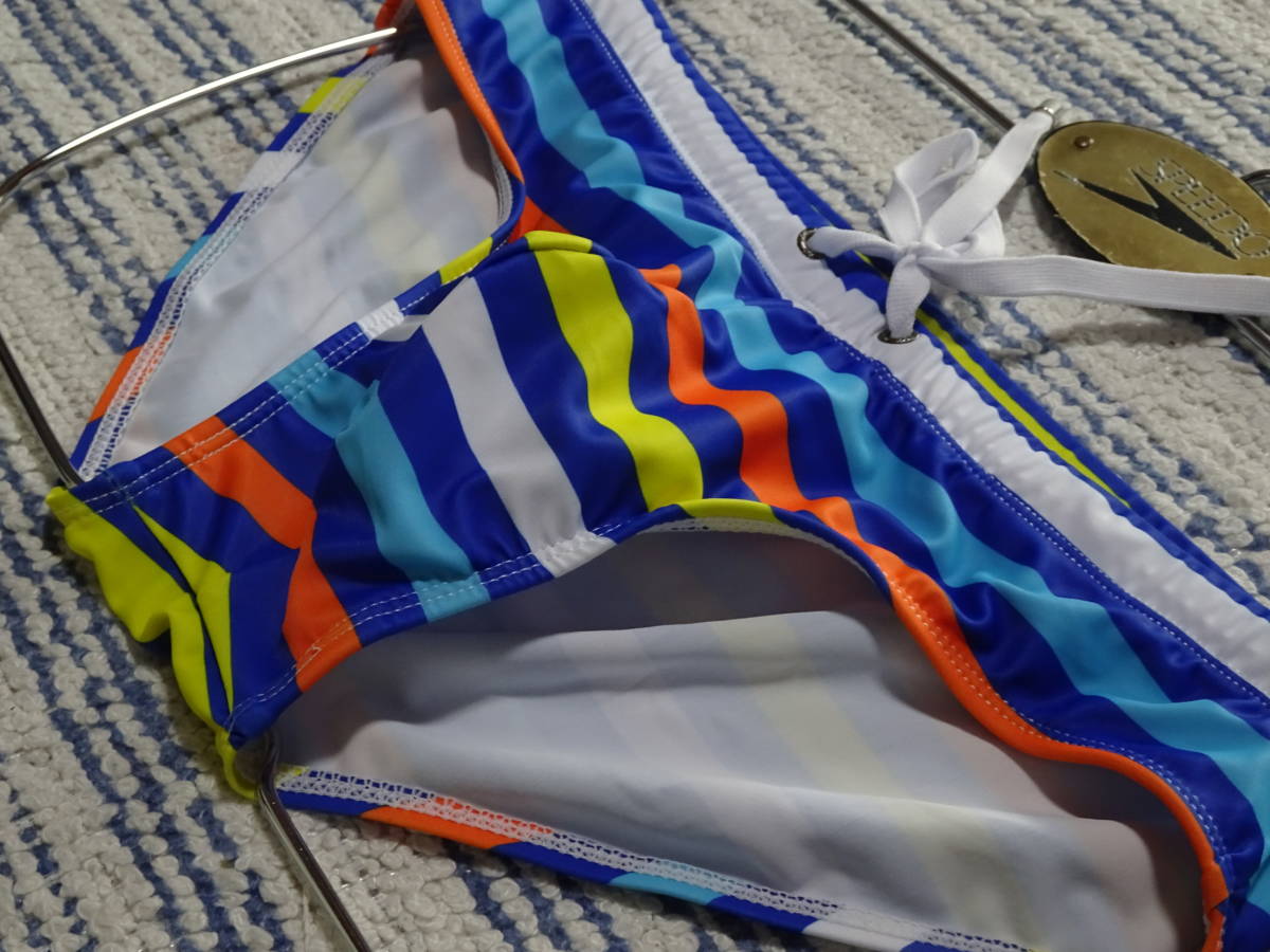 776 красочный окантовка ...V cut плавание трусики бикини SizeM голубой основа × белый × orange × желтый × sax новый товар не использовался 