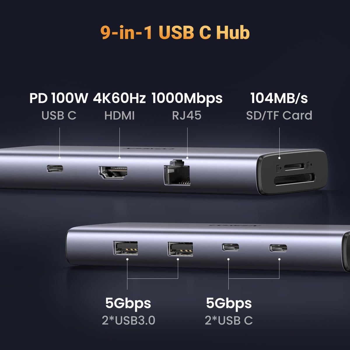 UGREEN Revodok USB Cハブ 9-IN-1 【USB-A*2+USB-C*2】USB3.0ハブ 4K 60Hz HDMIハブ Type-C PD100W 急速充電 USB-C 5Gbps高速転送 SD Micro