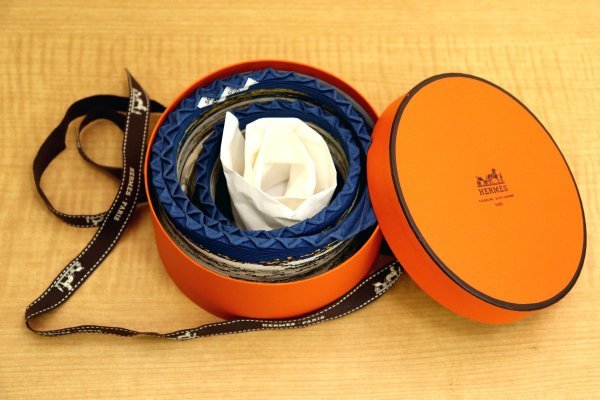 【未使用】希少 HERMES エルメス プリーツスカーフ ロンシャンへの散歩 ブルー 青系 シルク スカーフ 箱付き_画像2