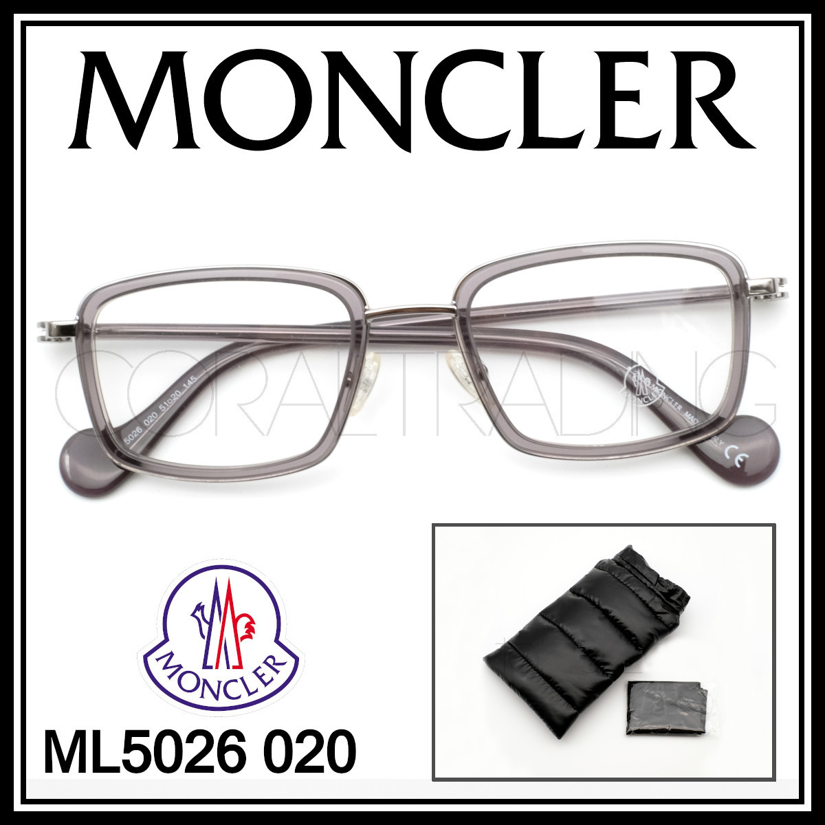 23208★ Совершенно новый и подлинный! MONCLER ML5026 020 Прозрачный серый квадрат Wellington Moncler Cellmetal Комбинированные очки в оправе Очки