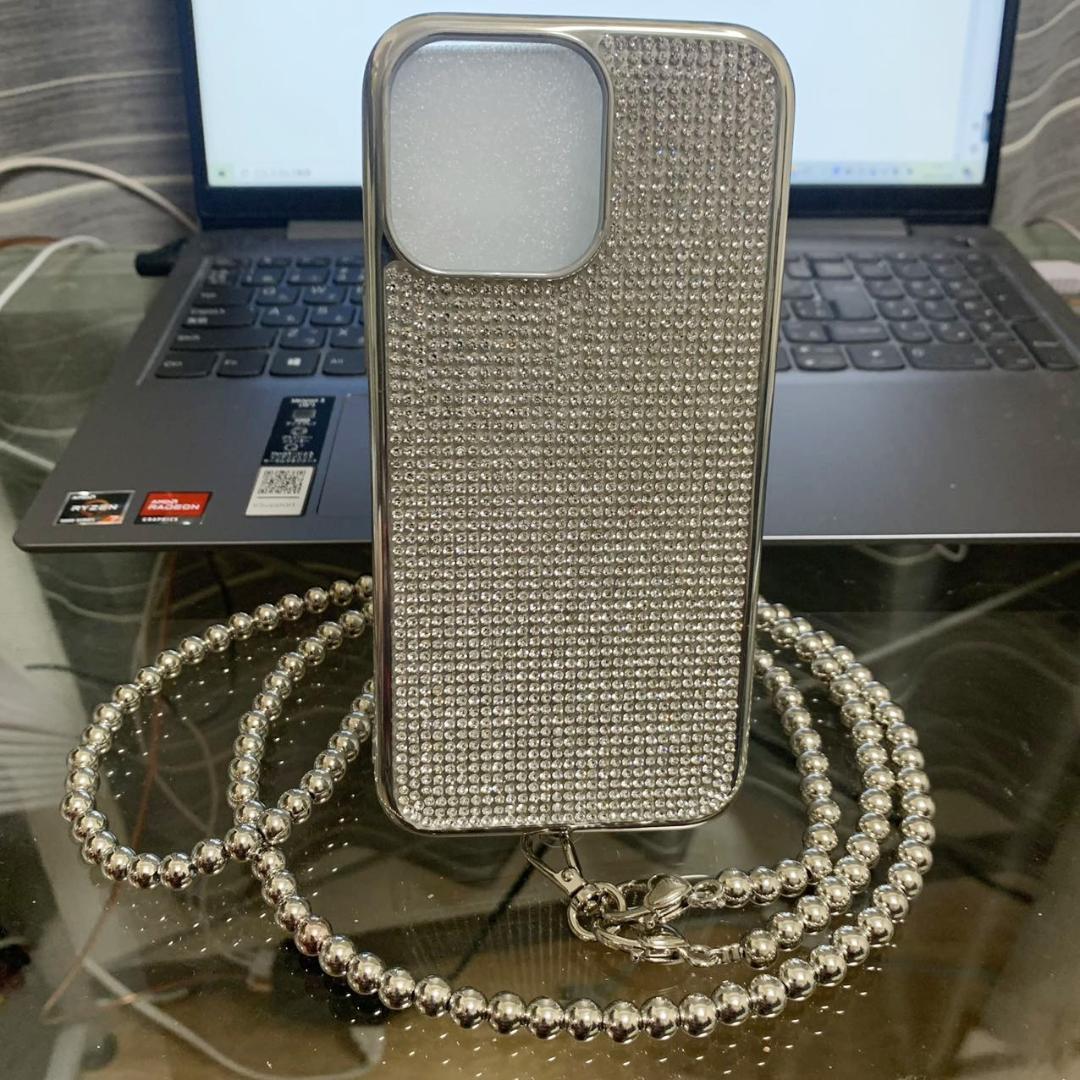 iPhone15 Kirakira brilliancy with strap . smartphone case silver luxury 