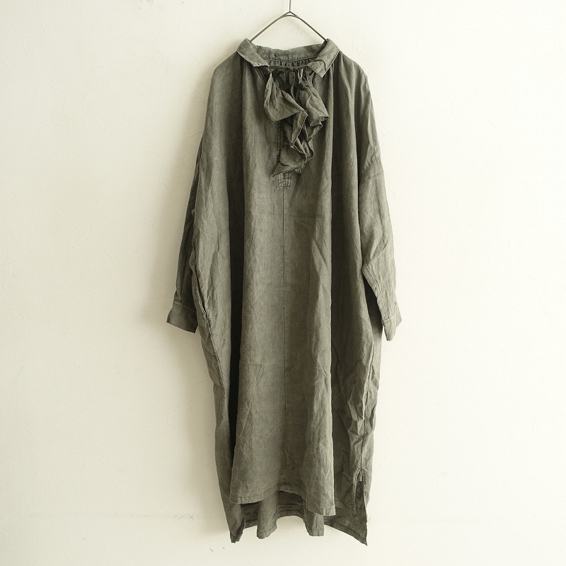 //【2023AW/定価3.1万】ネストローブ nest Robe *天然染めラッフルスモックドレス*Fワンピース麻グレー(j1-2312-86)【02L32】