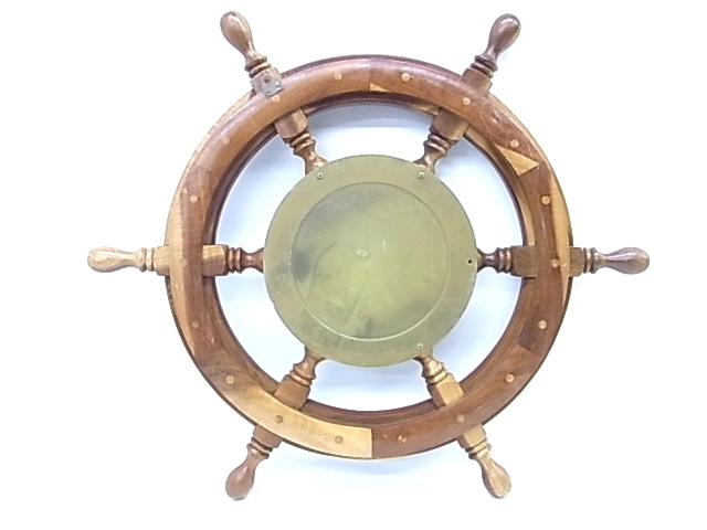e10847　SHIP’S CLOCK　船時計　船　操舵輪型　木製　壁掛け時計　動作確認済_画像2
