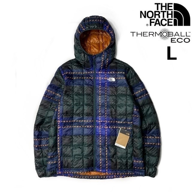 1円～!売切!【正規新品】THE NORTH FACE PRINTED THERMOBALL ECO HOODIE 中綿ジャケット US限定 軽量 ダウン(L)青 緑 チェック柄190122-120_画像1