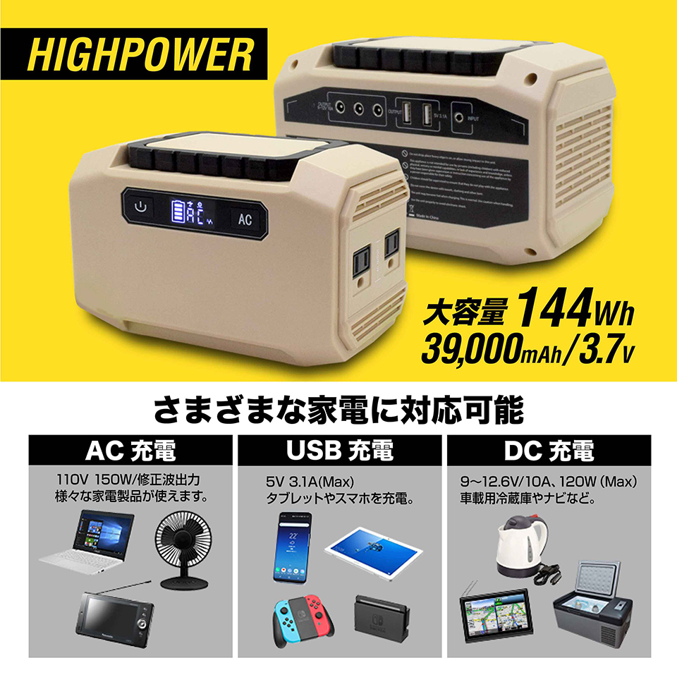 ポータブル電源 小型 39000mAh 3.7V 144Wh 150W 軽量 コンパクト ミニ ポータブルバッテリー 防災グッズ 停電対策_画像3