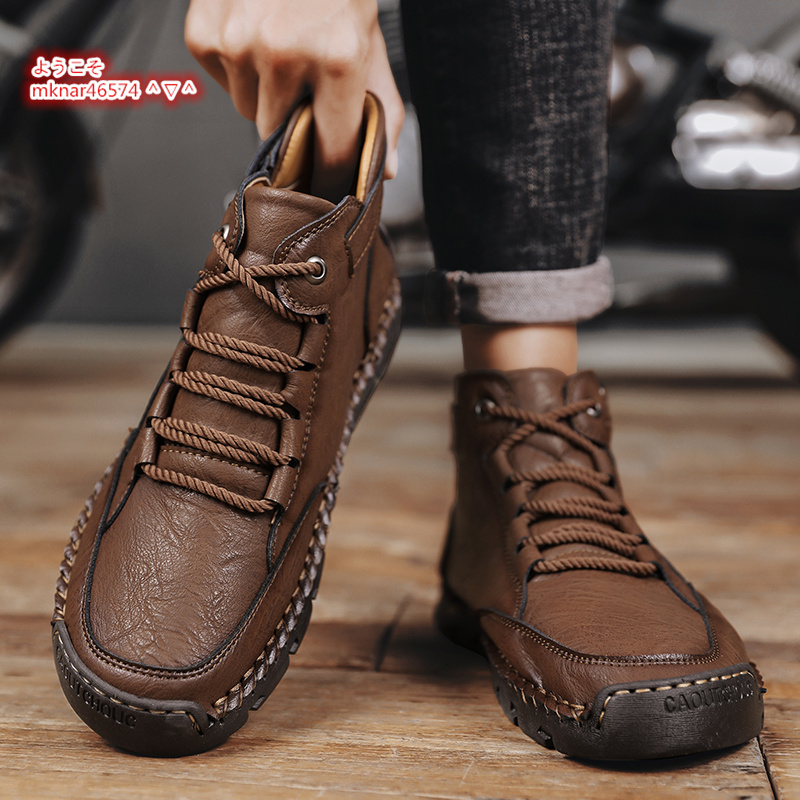  the first sale men's is ikatto shoes handmade Martin boots walking shoes waterproof . slide outdoor leather shoes 27.5cm~29cm Brown 