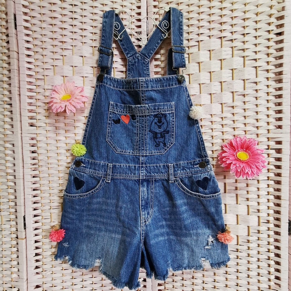 WC】クマタン刺繍ショートオーバーオール【リメイク】ダブルシー WC】クマタン刺繍ショートオーバーオール【リメイク】ダブルシー