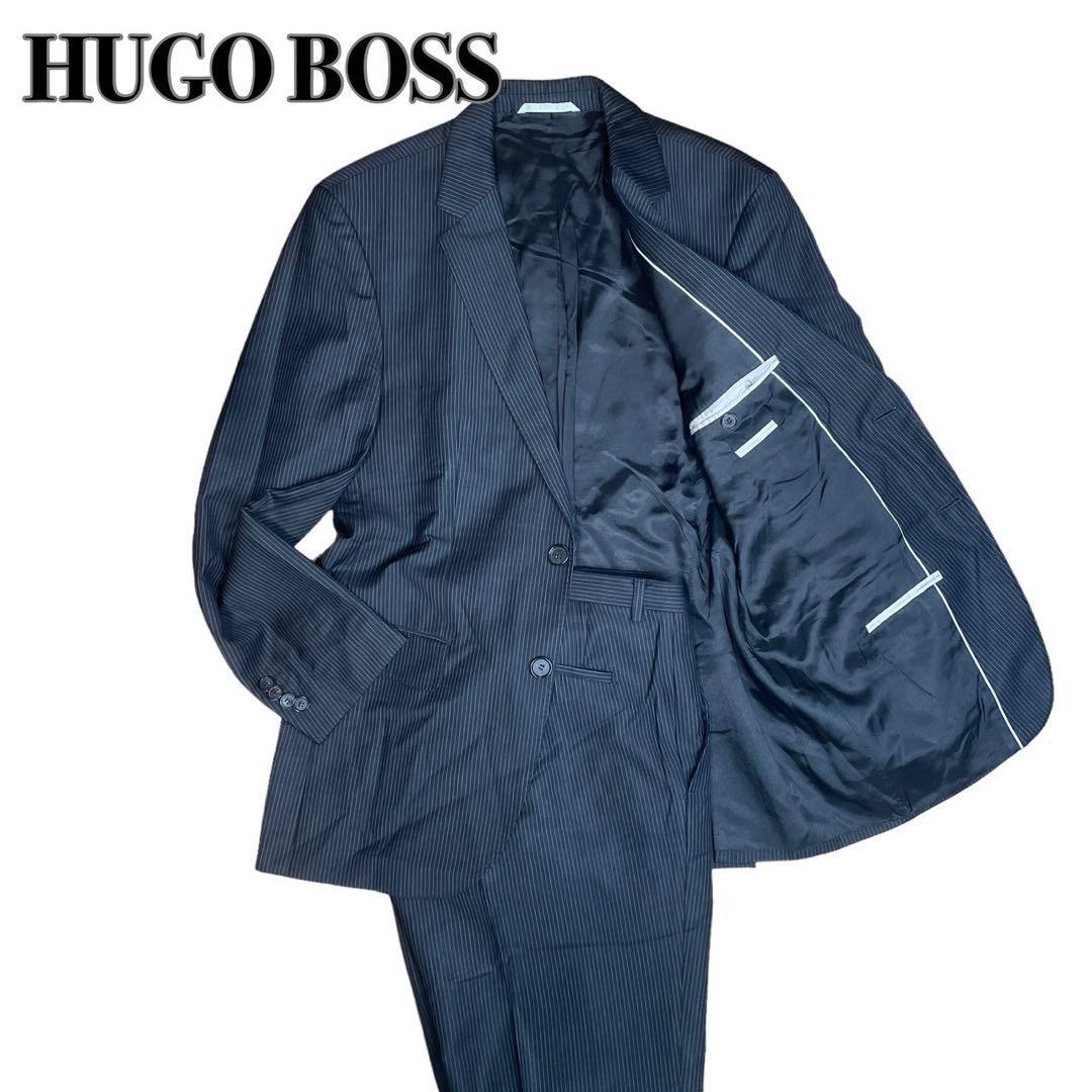 美品 ヒューゴボス HUGO BOSS スーツ セットアップ 総裏地 黒タグ ストライプ ブラック 黒色 48サイズ シングル ジャケット パンツ