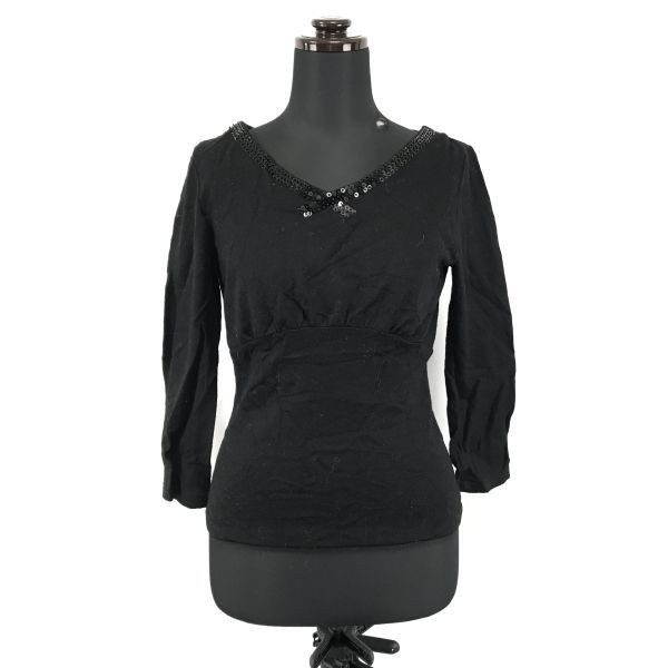  made in Japan *KUMIKYOKU/ Kumikyoku * wool / 7 minute sleeve / knitted cut and sewn [2/ lady's M/ black / black ]V neck *BG578