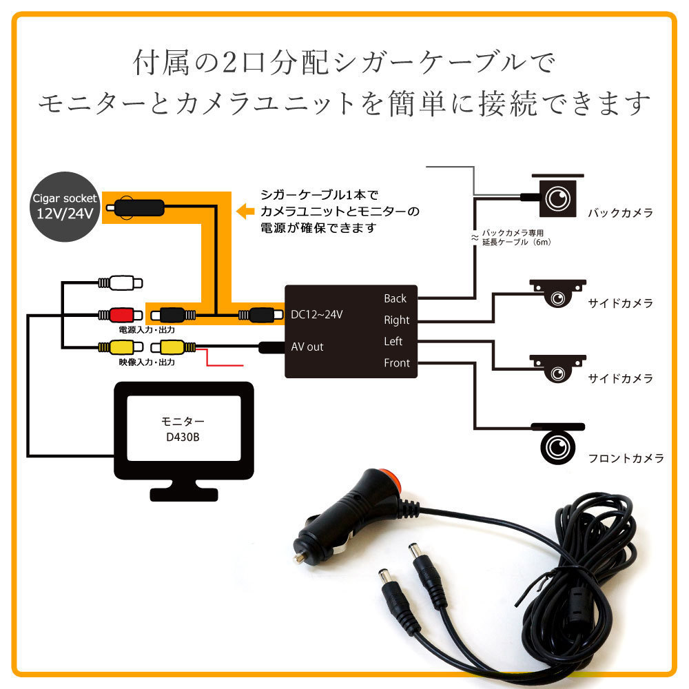 400円OFF★バックカメラ カメラ4台セット モニターセット 4.3インチ 360度 オンダッシュモニター 12V24V 一台で4方向 D430BC840MB_画像9