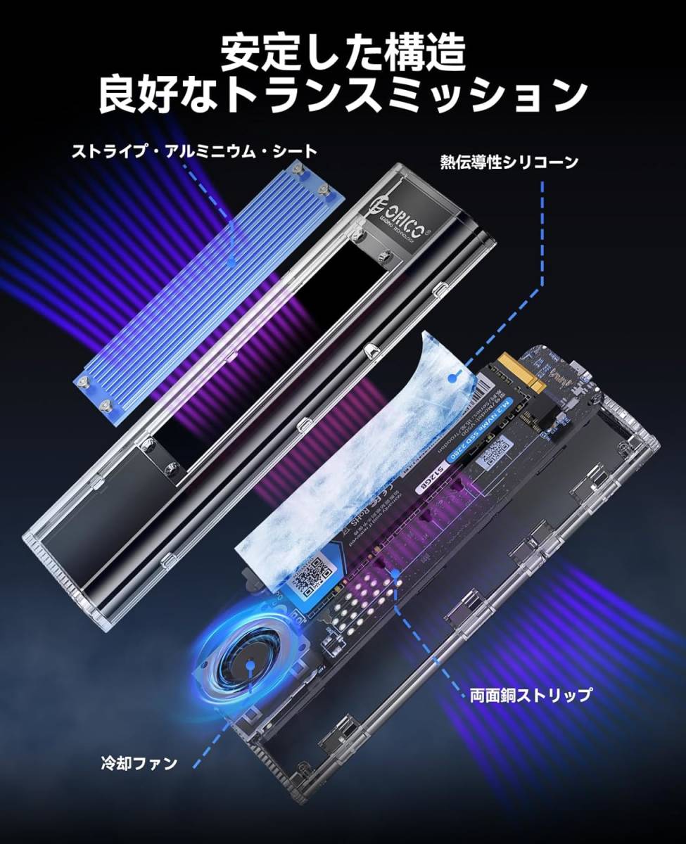 ORICO M.2 SSD 外付けケース 40Gbps 工具不要 USB4 NVMe M.2 SSDケース ファン内蔵の透明Thunderbolt 4 