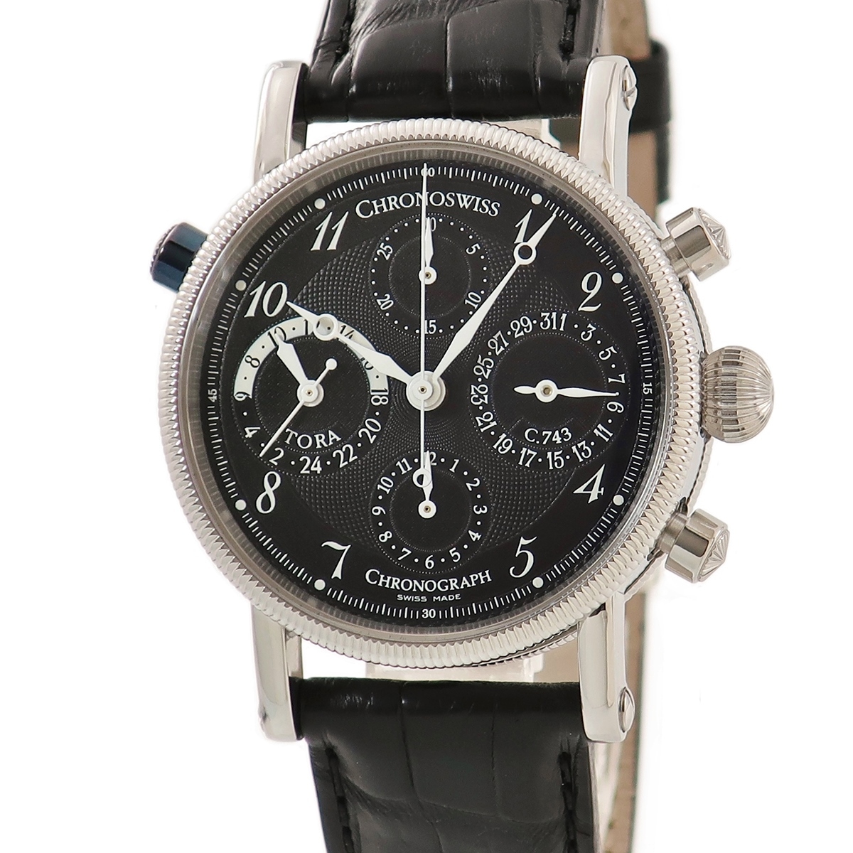 【3年保証】 クロノスイス トラ GMT クロノグラフ CH7423 OH済 黒 ギヨシェ アラビア 青針 生産終了 自動巻き メンズ 腕時計