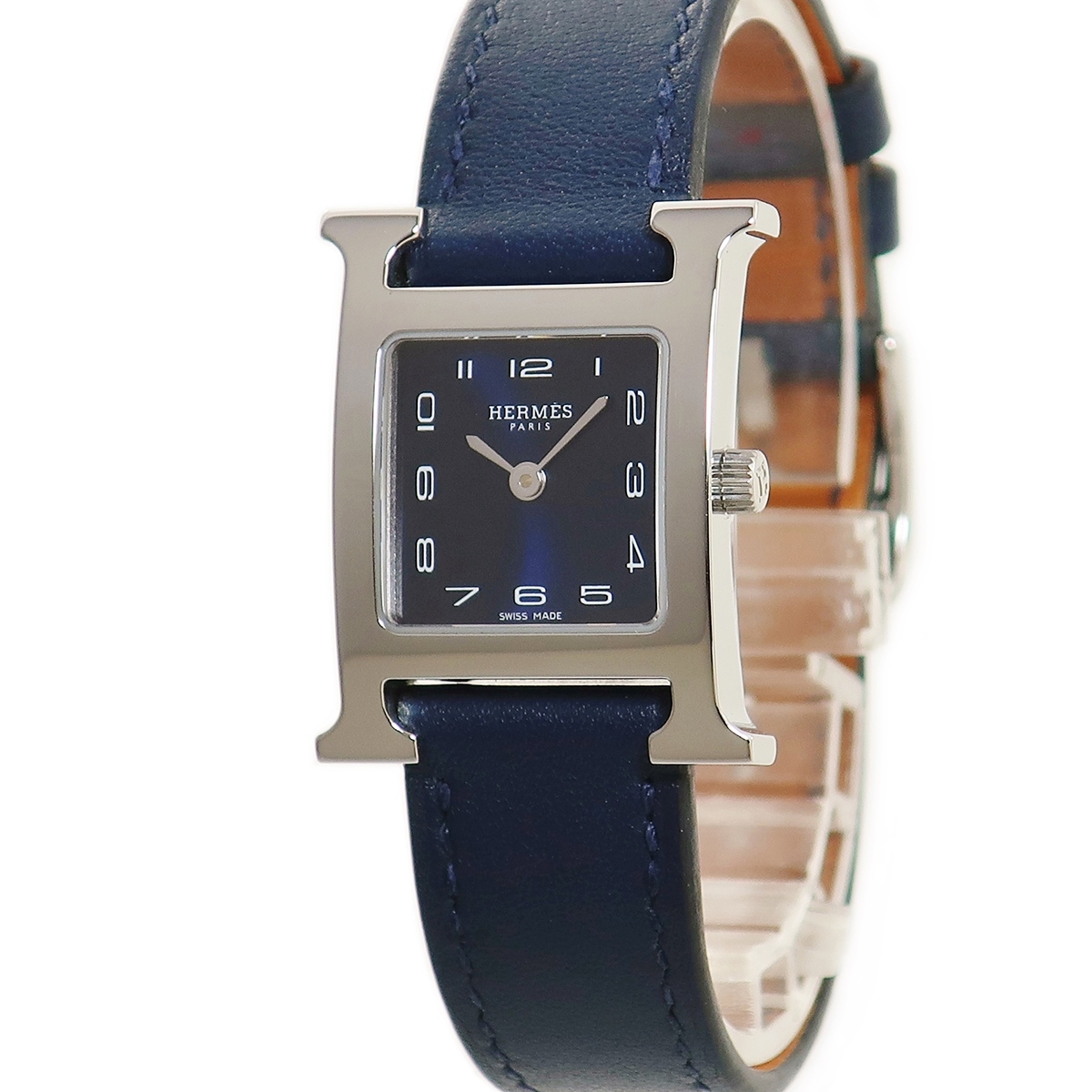 【3年保証】 エルメス Hウォッチ HH1.210 紺 アラビア 角型 クオーツ レディース 腕時計