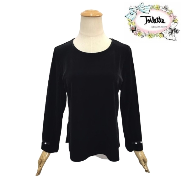 【20%OFF!】トワレ ベロアトップス お袖パール ストレッチ ブラック サイズ3 416-056 L 大人かわいい服 toilette ディリーウェアー