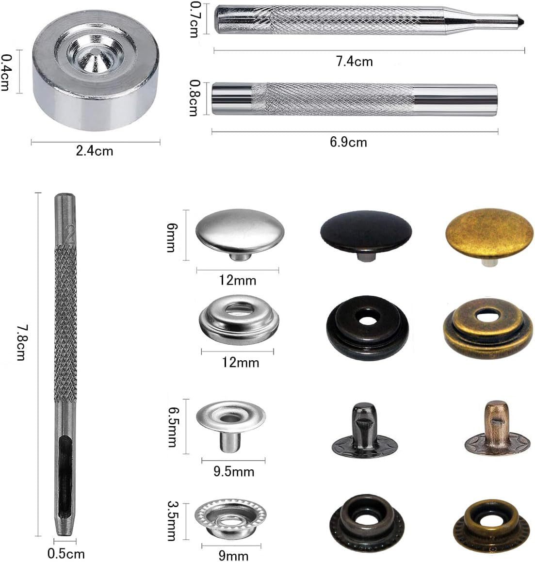 【特価商品】4種類 工具 手芸/家庭/裁縫用 レザークラフト 18セット DIY 15mm 手作り 黒ニッケル ステンレス鋼メタル