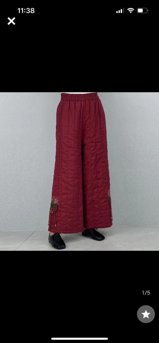 レディースズボン　秋冬ワイドパンツ　刺繍暖かい　厚手　中綿ゴムウェスト　高品質　麻リネン　履きやすい　赤色