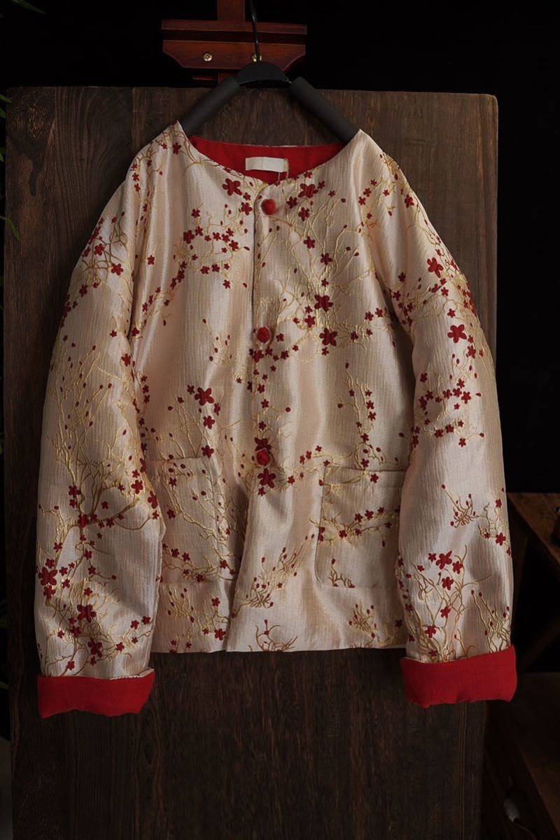 レディース秋冬　トップスショットアウター　ショットコート中綿　肌触りいい　綿麻暖かい　素敵織柄