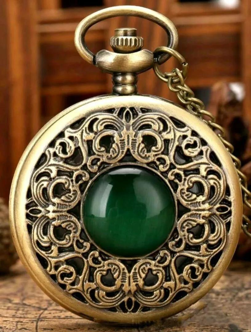 [ pocket watch ] green. stone × antique Gold pendant watch quartz 