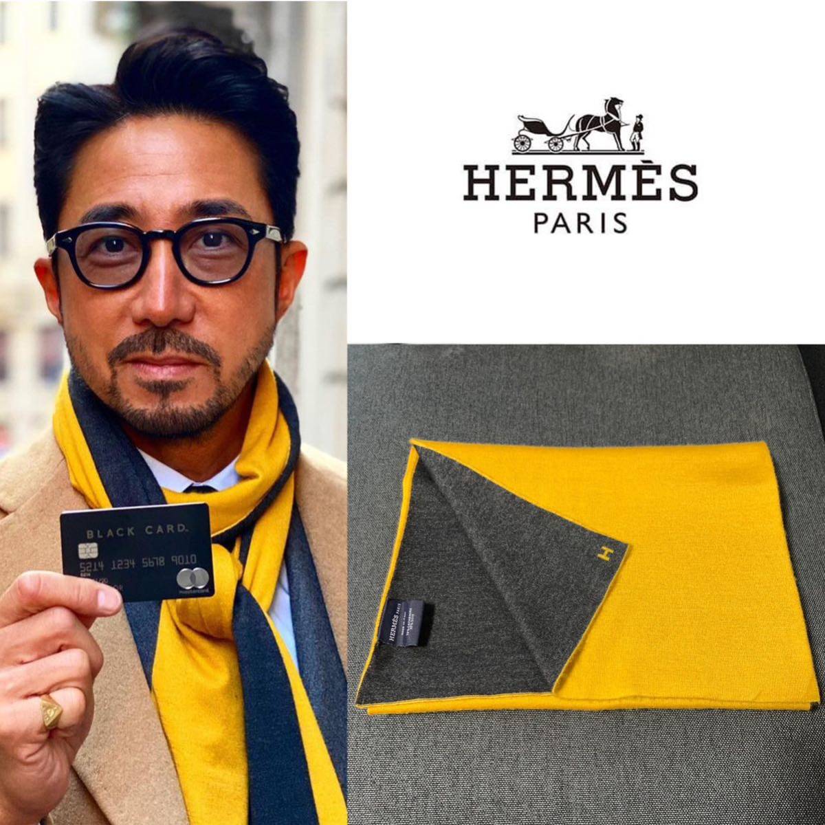 国内正規品 HERMES エルメス ニットマフラー アレ・ルトゥール マスタード ストール カシミヤ バイカラー リバーシブル Hロゴ 干場義雅_画像1