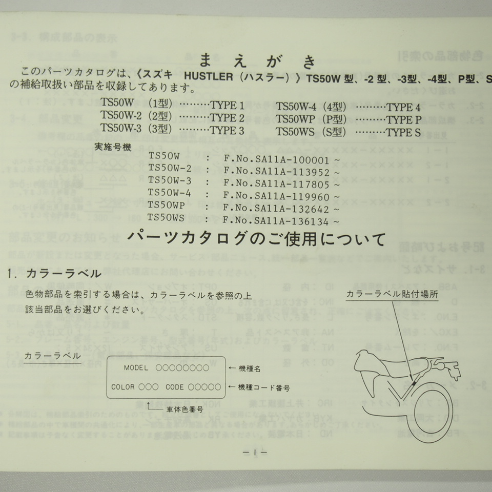 6版ハスラー50パーツリストTS50W/-2/-3/-4/P/S即決1995年2月発行SA11A_画像3