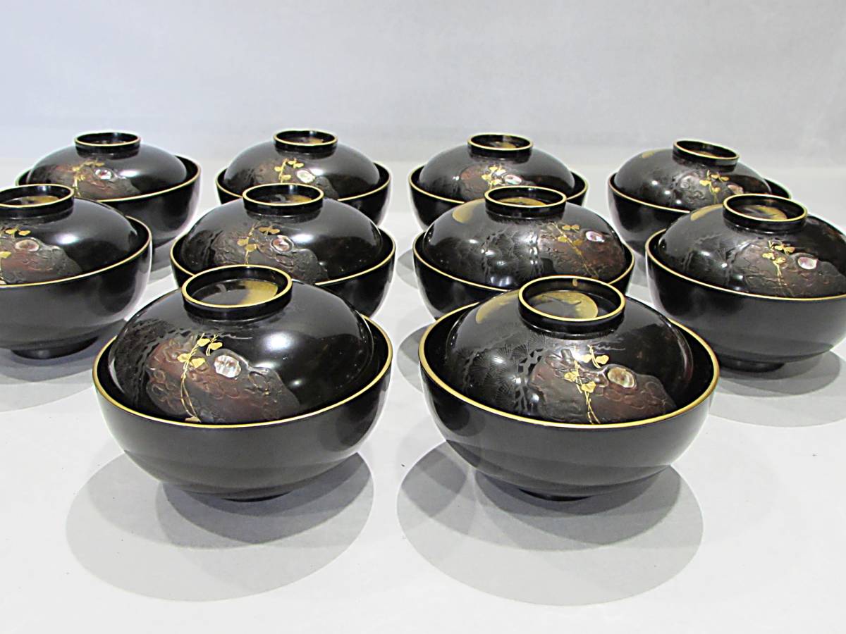 【集】 黒塗　月夜の花蒔絵　吸い物碗　１０客　螺鈿_画像2
