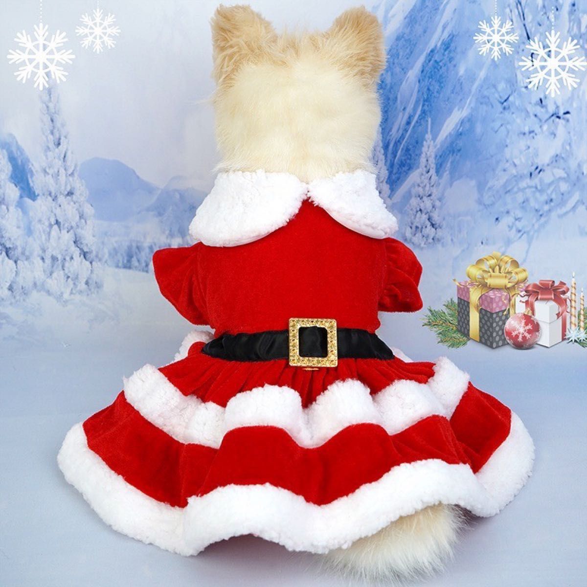 犬服 クリスマス ベロア ワンコサンタ サンタ服 可愛い ペット 犬 猫 ドレス ワンピース　L