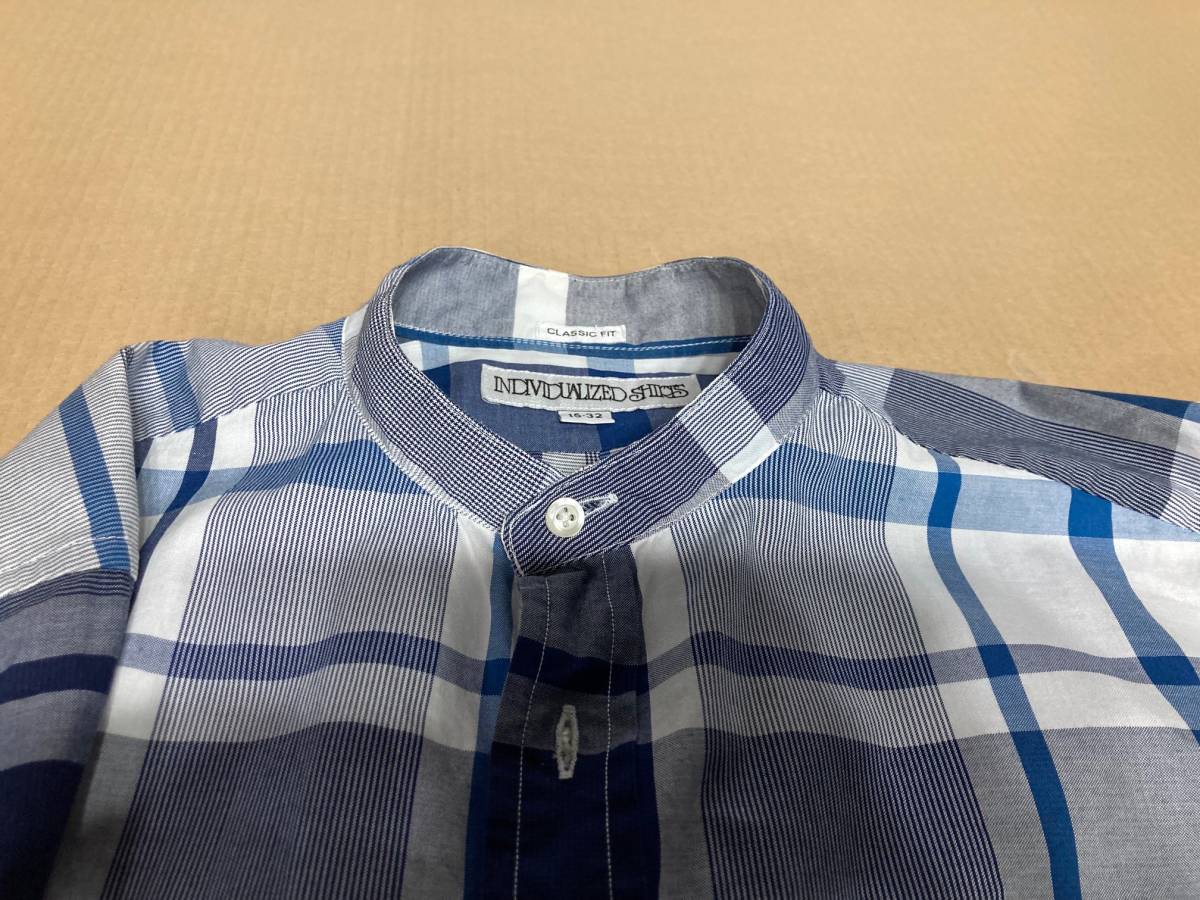 【極美品】INDIVIDUALIZED SHIRTS 15-32 CLASSIC FITチェックのスタンドカラーシャツ バンドカラーシャツ インディビジュアライズドシャツ_画像2